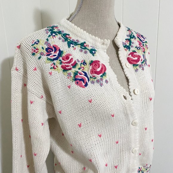Vintage 80s/90s Cape Isle Knitters Floral Hand Embroidered Cardigan Size XS - Picture 2 of 10